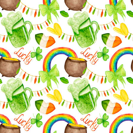 Watercolor seamless pattern with various elements. Hat, leprechaun cauldron, coin, green bear, garlands on a white background. Festive colorful pattern for St. Patrick's Day.の写真素材
