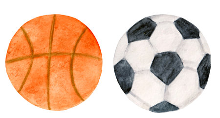 Watercolor sport set, balls for sport games, football and basketball isolated on white background.の写真素材