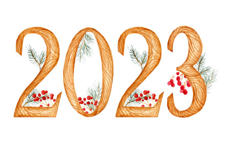 Watercolor illustration, wooden numbers 2023 decorated by fir and berries. Postcard, greeting for...
