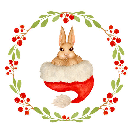 Watercolor festive illustration, wreath with red berries, mistletoe and cute rabbit. Element isolated on white background, for greeting, invitation and various Christmas productsの写真素材