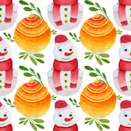 Watercolor Christmas pattern on a white background, snowman, bright toy ball, green leaves. Bright pattern for various decor, winter products etc.の写真素材