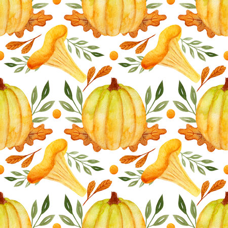 Watercolor autumn pattern, yellow pumpkin with leaves, mushroom on white background. Patter for decor, Thanksgiving, Harvesting, Halloween.の写真素材