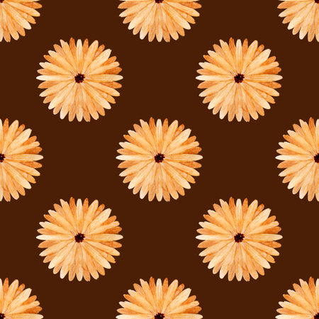 Colorful seamless watercolor pattern with simple flowers on a brown background. Pattern for various autumn products, fabrics, Thanksgiving etc.の写真素材
