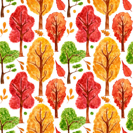 Watercolor seamless autumnal pattern with bright trees and various leaves on white background.の写真素材