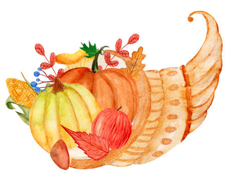 Bright watercolor illustration, festive horn of plenty with various autumn food for Thanksgiving day...