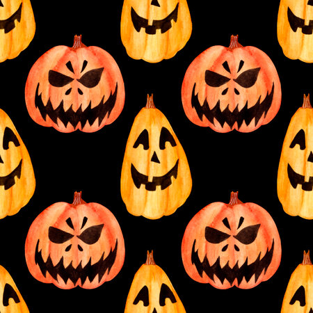 Bright watercolor pattern, pumpkin jack on a black background. Halloween patten for various festive products.の写真素材