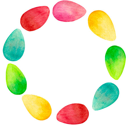 Watercolor frame of Easter colorful eggs, isolated on a white background. Frame for festive products, invintations, cards etc.の写真素材