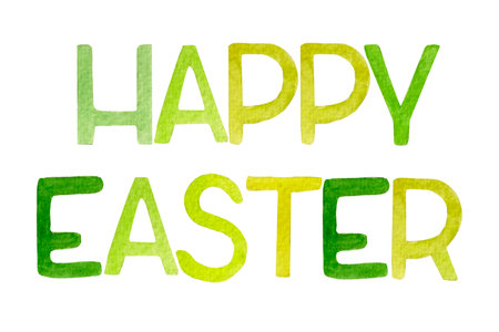 Watercolor green text, bright Easter green lettering, isolated on a white background.の写真素材