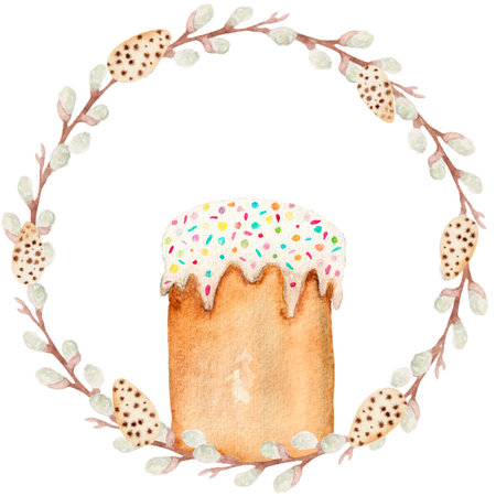 Watercolor illustration, willow frame with eggs and Easter cake on white background. For various Easter products, etc.の写真素材