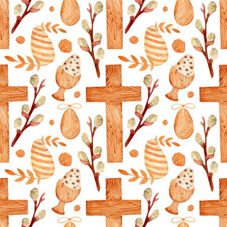 Watercolor Easter pattern in wooden style with cross, willow, eggs, abstract dots on white background.の写真素材