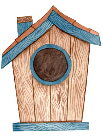 Watercolor spring illustration, wooden birdhouse with blue roof isolated on white background. Element for various seasonal, holiday products.の写真素材