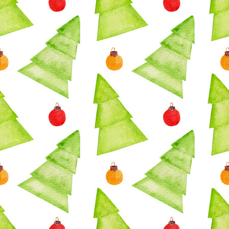 Watercolor seamless pattern, simple Christmas trees and toys on a white background. Winter pattern for various New Year, Christmas products.の写真素材