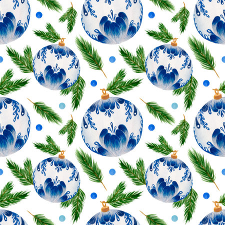 Watercolor seamless pattern, Christmas tree toy with ukrainian folk ornament in blue colors and fir on white background. For various festive products.の写真素材