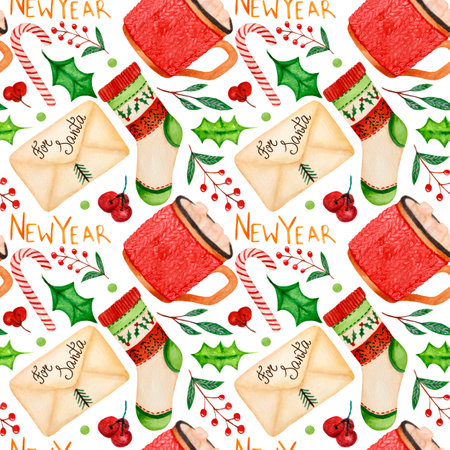 Watercolor Christmas pattern, sock with ornament, lollipop, botany elements, cup, letter to Santa on white background.の写真素材