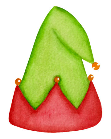 Watercolor elf hat, element of costume for Santa helper isolated on white background. For various Christmas products.の写真素材