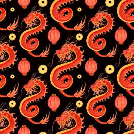 Watercolor bright seamless pattern with golden coins, lanterns and red chinese dragon on dark background. Pattern for various products in asian style, Chinese New Year etc.の写真素材