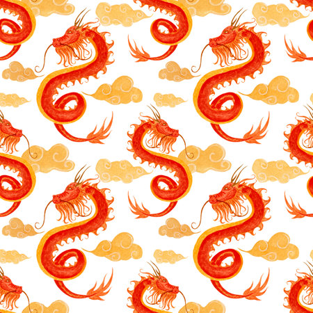 Watercolor bright seamless pattern with golden clouds and red chinese dragon on dark background. Pattern for various products in asian style, Chinese New Year etc.の写真素材