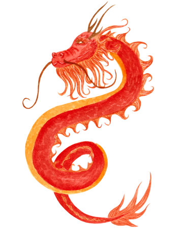 Watercolor bright illustration, red chinese dragon isolated on white background. Colorful element for cards, posters, Chinese New Year, various products in asian style etc.の写真素材