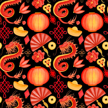 Watercolor bright seamless pattern with golden coins, lanterns hand fan and red chinese dragon on dark background. Pattern for various products in asian style, Chinese New Year etc.の写真素材