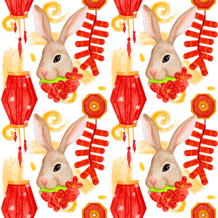 Watercolor pattern, lantern, rabbit, firecrackers, flowers on white background. For various...