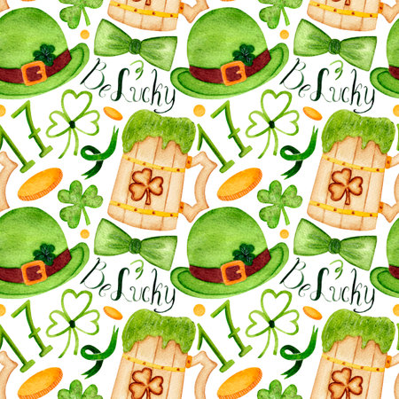 Watercolor pattern for St. Patricks day. Clover, bow tie, wooden pint, leprechaun hat, text on white background.の写真素材