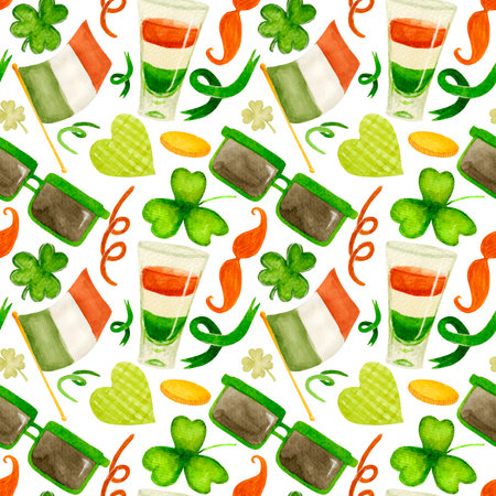 Watercolor pattern with elements for St. Patricks day. Clover, shot drink, sunglasses, irish flag on white background.の写真素材