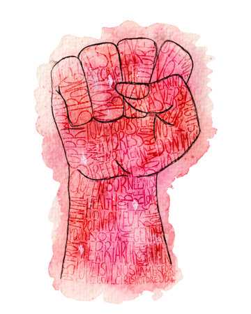 Watercolor female fist made by pink colors, with lettering on white background. For Women's day, various products, cards etc.の写真素材