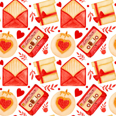 Watercolor pattern, envelope, cassette, leaves, hearts on white background. For various products, valentine day etc.の写真素材