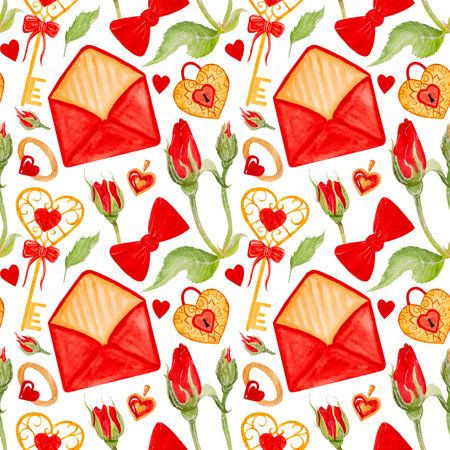Watercolor pattern, envelope, lock, key, roses, jewellery on white background. For various wrapping, valentine day etc.の写真素材