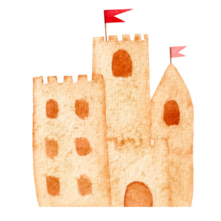 Childish watercolor sand castle with flags isolated on white background. Summer element for various products, cards etc.の写真素材