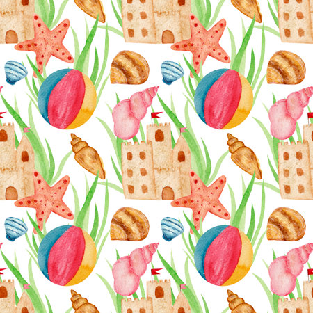 Watercolor pattern, sand castle, ball, seashells, star, seaweed on white background. For vacation products, wrapping etcの写真素材