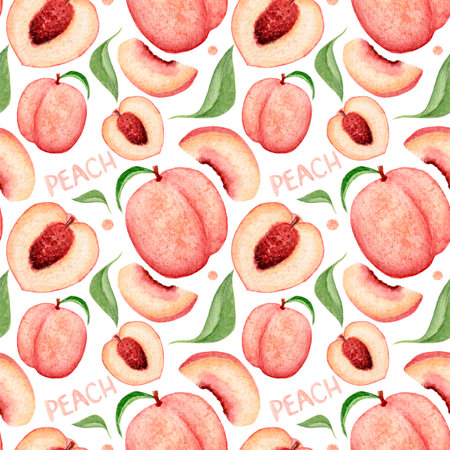 Watercolor seamless pattern with bright peach text, pieces and cut of peach on white background....