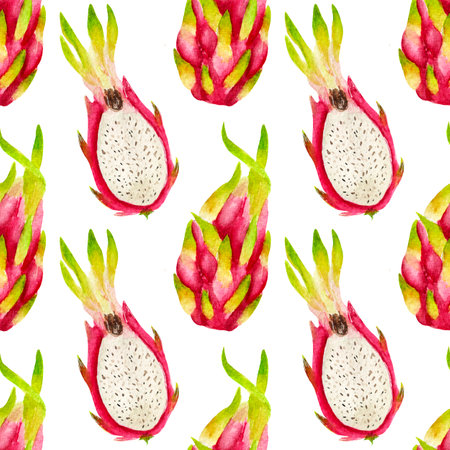 Watercolor seamless pattern with bright dragon fruit on a white background. Pattern for various summer, food products, wrapping paper etc.の写真素材