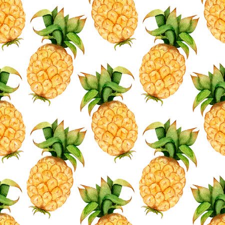 Watercolor seamless pattern with bright pineapple on a white background. Pattern for various summer, food products, wrapping paper etc.の写真素材