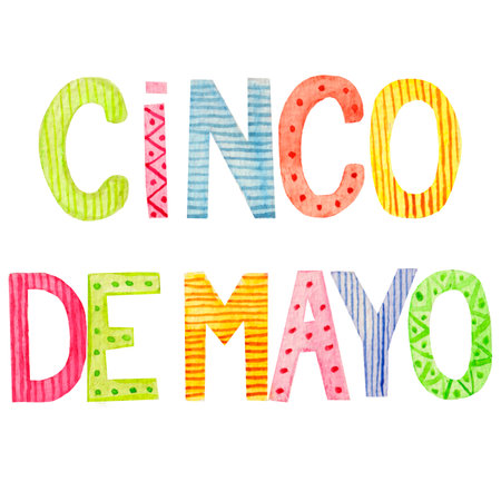 Colorful watercolor lettering for Cinco de Mayo holiday. Bright letters are isolated on a white background. For greeting card, banner, invitation etc.の写真素材