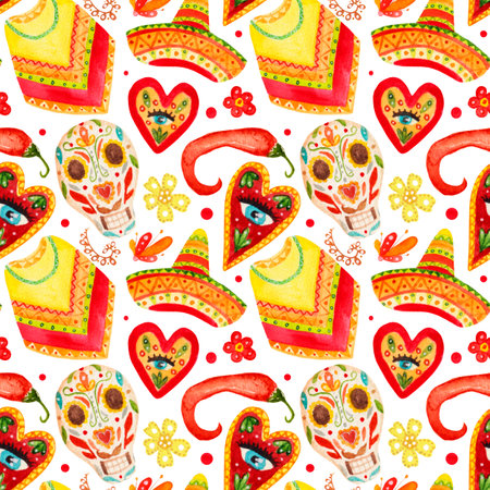 Watercolor pattern with mexican style skull, costume, hearts, pepper on a white background. For various products etc.の写真素材