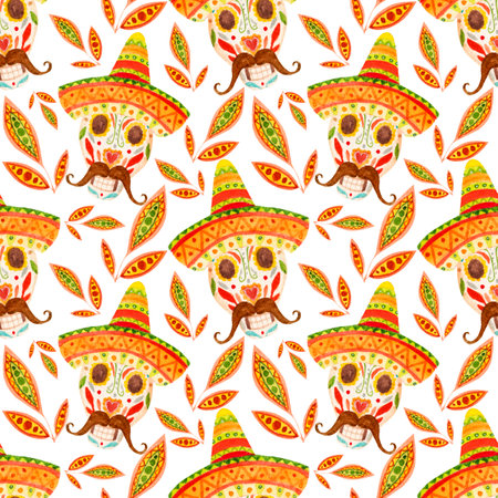 Watercolor pattern with mexican skull in sombrero, leaves on a white background. For various products, wrapping, etc.の写真素材
