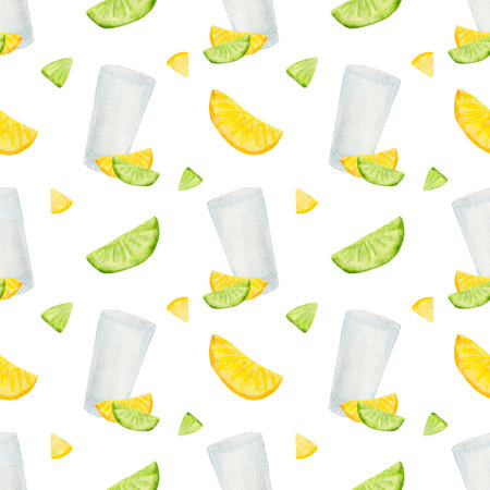 Watercolor pattern, shot glass, tequila with lime and lemon on a white background. For various products, wrapping, etc.の写真素材