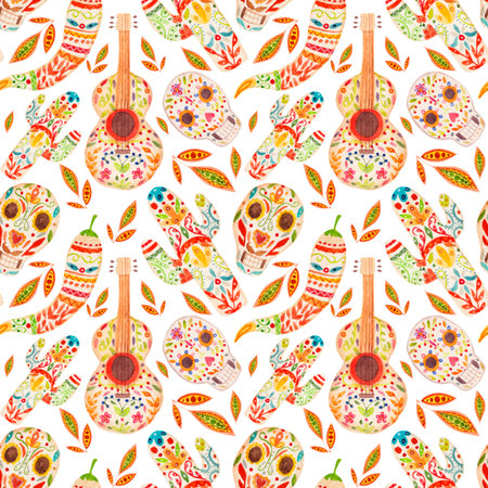 Watercolor pattern with elements decorated by botany ornament on white background. For various products, wrapping etc.の写真素材
