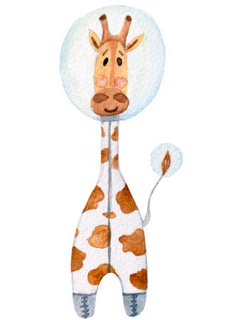 Watercolor cute childish illustration, giraffe astronaut isolated on white background. For various kids products, cards, posters, etc.の写真素材