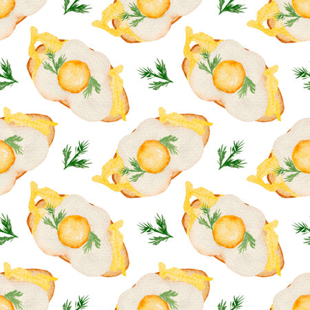 Watercolor seamless pattern with egg toast for breakfast, parsley leaf on a white background. For various food productsの写真素材