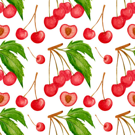 Watercolor seamless pattern, with bright cherries, green leaves on white background. Pattern for paper, fabric, various food products etc.の写真素材