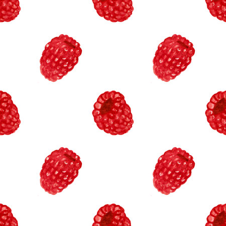 Watercolor seamless pattern, with bright raspberries on white background. Simple pattern for paper, fabric, various food products etc.の写真素材