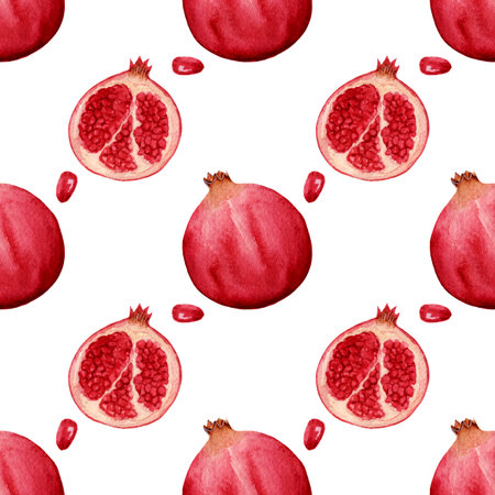 Watercolor seamless pattern, with bright pomegranate on white background. Simple pattern for paper, fabric, various food products etc.の写真素材