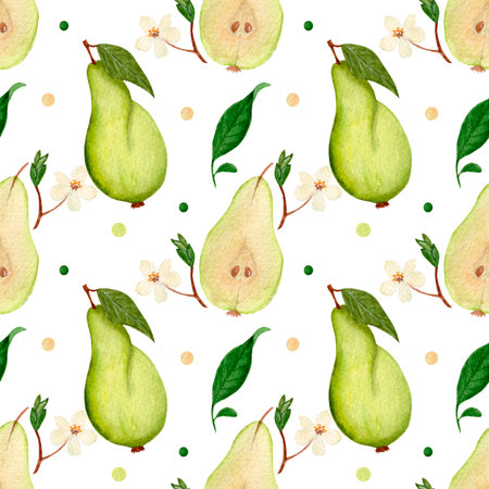 Watercolor seamless pattern, bright green pear, bloom and various dots on white background. Simple pattern for paper, fabric, various food products etc.の写真素材