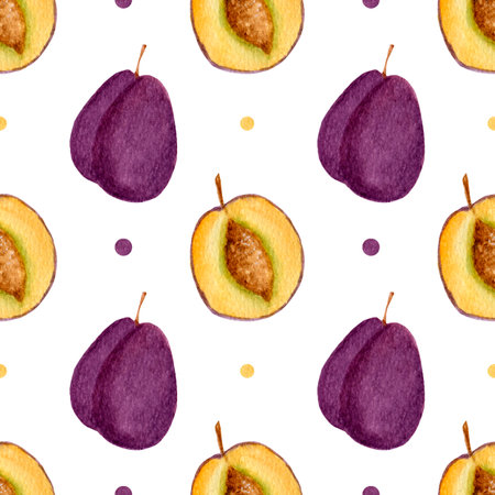 Watercolor seamless pattern, bright plum and cut, colorful dots on white background. Pattern for kitchen fabric, various food products etc.の写真素材