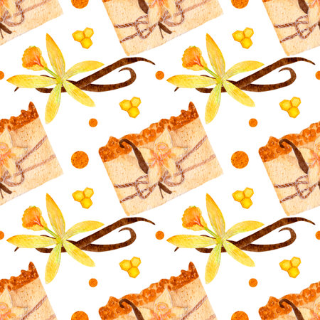 Watercolor pattern, vanilla soup, flowers, honey comb on a white background. For wrapping, various beauty products, etc.の写真素材