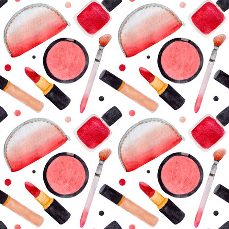 Watercolor beauty pattern, elements for make up, pink blush, concealer, lipstick, nail polish, cosmetic bag on white background. Pattern for various beauty products, wrapping etc.の写真素材