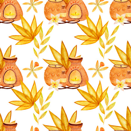 Watercolor seamless pattern, various aroma and spa elements, aroma lamp, flowers, candle on a white background. For wrapping, various home products, decor etc.の写真素材