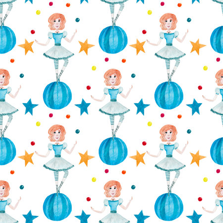 Watercolor pattern, juggling acrobat girl balanced on ball, colorful stars on white background. For various circus, childish products, wrapping etc.の写真素材